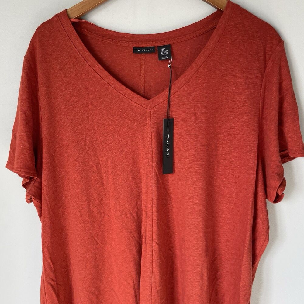 Tahari 100% Linen Blouse Top V Neck Short Sleeve Burnt Orange Women's Size 3X - Picture 5 of 10